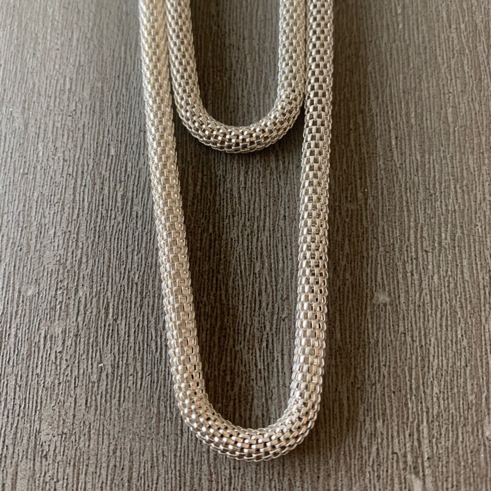 Silver mesh double chain necklace
